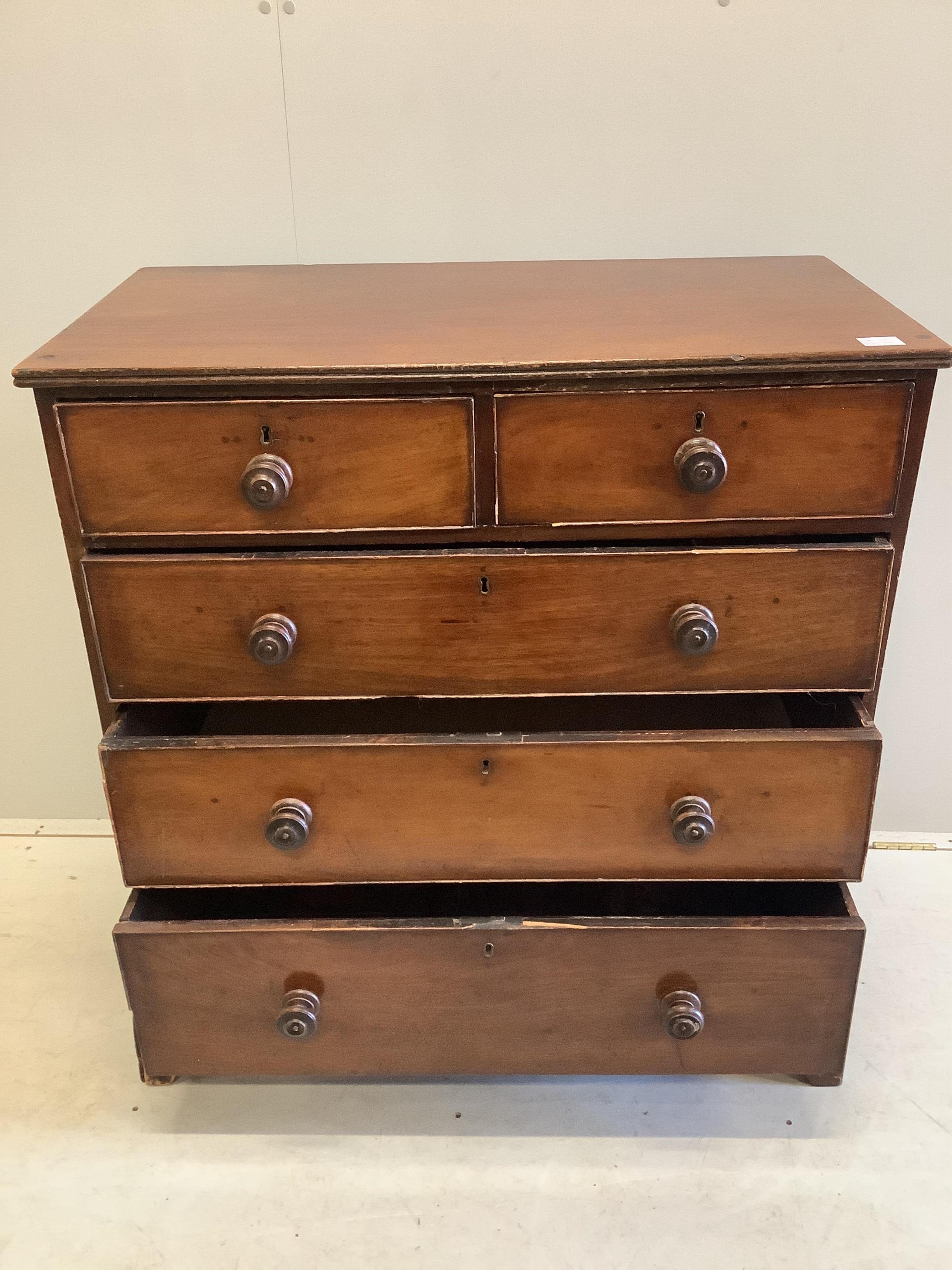 A George III Provincial mahogany chest of drawers, width 93cm, depth 50cm, height 100cm. Condition - poor to fair